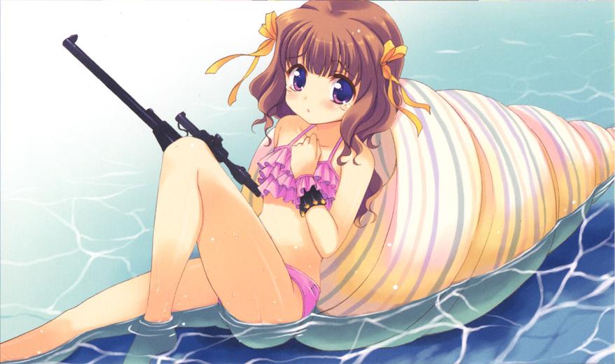 brown_hair gun jpeg_artifacts long_hair purple_eyes qp:flapper rifle shell sniper_rifle submerged swimsuit tears violet_eyes vss_vintorez weapon