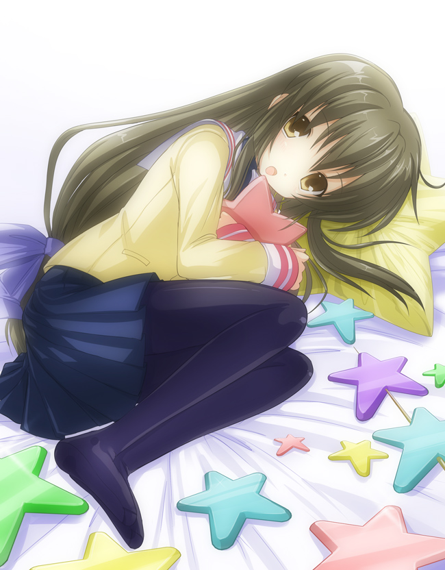 bad_id brown_eyes brown_hair clannad ibuki_fuuko kiyu long_hair lying pantyhose pillow pillows school_uniform star starfish stars yellow_eyes