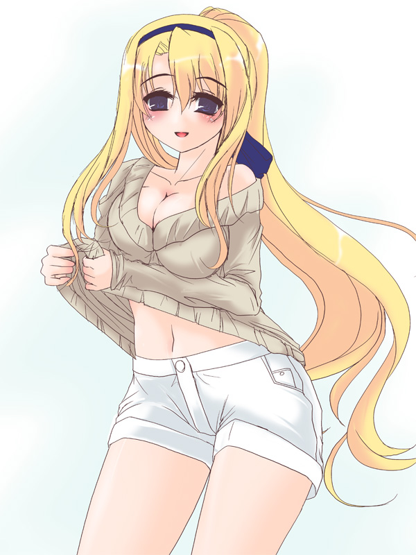 breasts carim_gracia casual cleavage frapowa long_hair mahou_shoujo_lyrical_nanoha mahou_shoujo_lyrical_nanoha_strikers navel ponytail purple_eyes shorts smile sweater violet_eyes