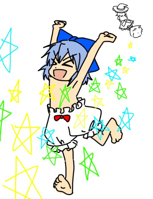 armpits barefoot bloomers blue_hair broom chibi cirno feet hat kirisame_marisa short_hair star stars topless touhou wabi_(wbsk) wabi_tsubaki witch_hat