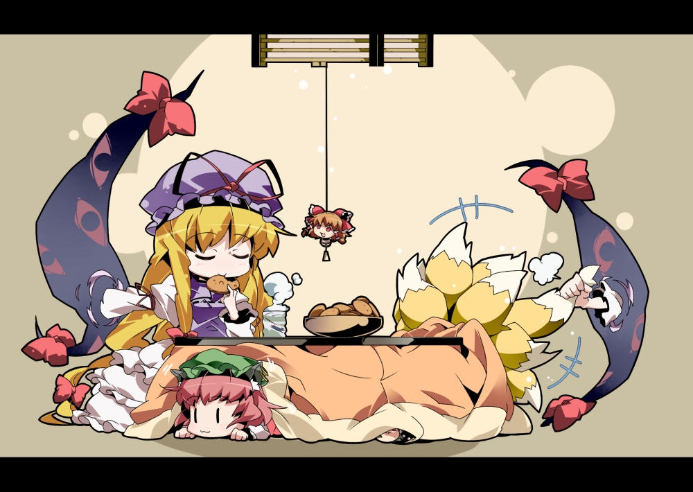 animal_ears cat_ears chen chibi earrings food fox_tail gap hakurei_reimu hat jewelry kimeemaru kotatsu multiple_tails nyuusankin ribbon ribbons shameimaru_aya table tail touhou yakumo_ran yakumo_yukari yukkuri_shiteitte_ne