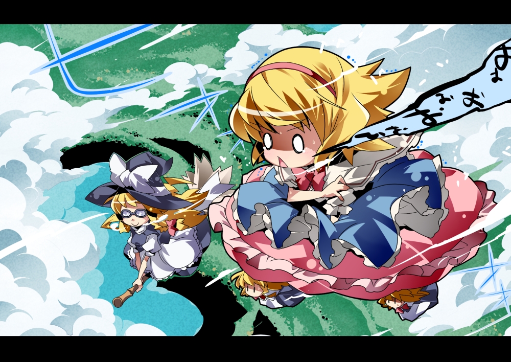 blonde_hair broom broom_riding cloud clouds flying glasses goggles hairband hat kirisame_marisa nyuusankin o_o ribbon ribbons shanghai shanghai_doll touhou witch