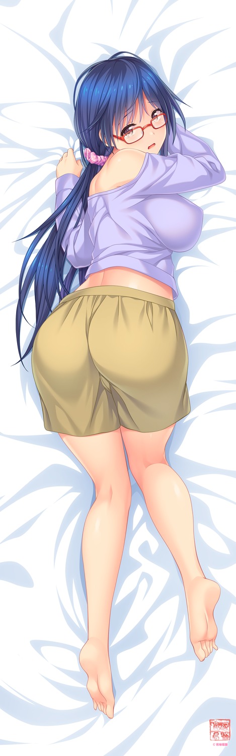 1girl artist_request ass bare_legs barefoot blue_hair character_request dakimakura feet glasses highres image_sample long_hair looking_at_viewer yandere_sample