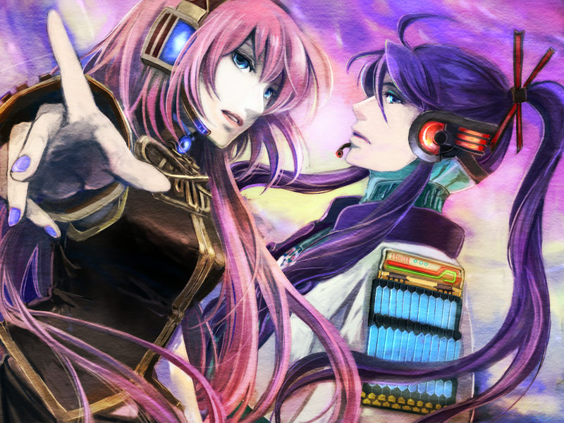 foreshortening gomoku hands kamui_gakupo long_hair megurine_luka pink_hair pointing purple_hair vocaloid