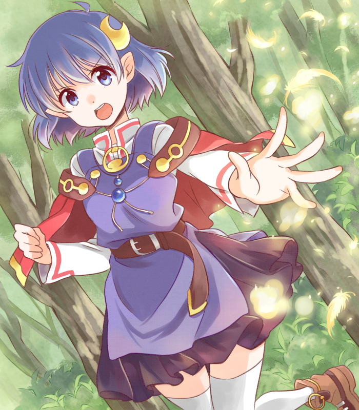 1girl :o black_skirt blue_eyes blue_hair brown_shoes cape capelet cowboy_shot crescent crescent_hair_ornament dutch_angle feathers hair_ornament open_mouth pointy_ears red_cape rena_lanford shiro_usagi_(huwa-huwa-flower) shirt shoes short_hair skirt solo star_ocean star_ocean_the_second_story thigh-highs tree white_legwear white_shirt