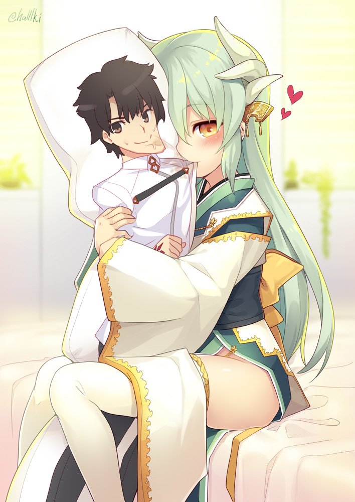1girl aqua_hair artist_name bed_sheet blurry blush brown_eyes character_print command_spell commentary dakimakura_(object) depth_of_field fate/grand_order fate_(series) female_pervert fujimaru_ritsuka_(male) hair_ornament heart horns indoors japanese_clothes jpeg_artifacts kimono kiyohime_(fate/grand_order) long_hair long_sleeves looking_at_viewer minamura_haruki mouth_hold no_panties obi on_bed pelvic_curtain pervert pillow pillow_hug room sash sitting sitting_on_bed smile solo thigh-highs twitter_username white_legwear wide_sleeves yellow_eyes