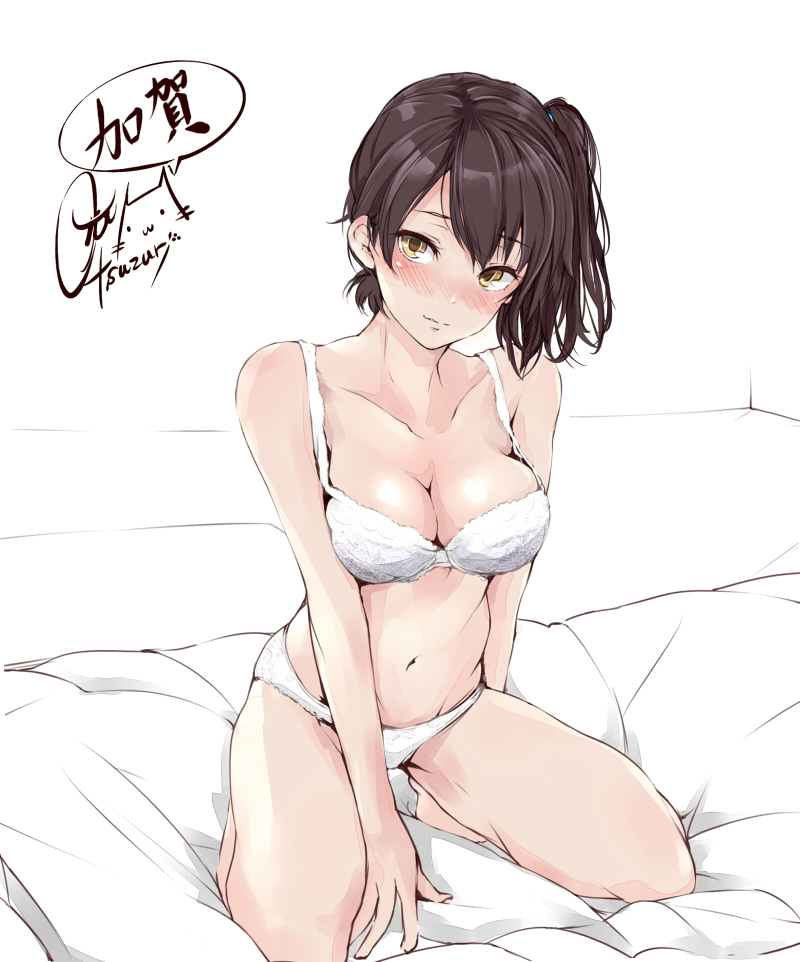 1girl arm_support bare_arms bare_legs bare_shoulders barefoot bed bed_sheet blush bow bra breasts brown_hair character_name collarbone commentary embarrassed hair_bow head_tilt kaga_(kantai_collection) kantai_collection light_smile looking_at_viewer medium_breasts midriff navel panties rizzl side_ponytail signature sitting smile solo thighs underwear underwear_only wavy_mouth white_bra white_panties yellow_eyes
