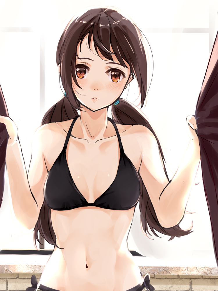 1girl black_bra black_hair black_panties blush bra breasts brown_eyes curtains idolmaster idolmaster_cinderella_girls long_hair looking_at_viewer nakano_yuka navel nira_(vira) panties solo twintails underwear underwear_only window