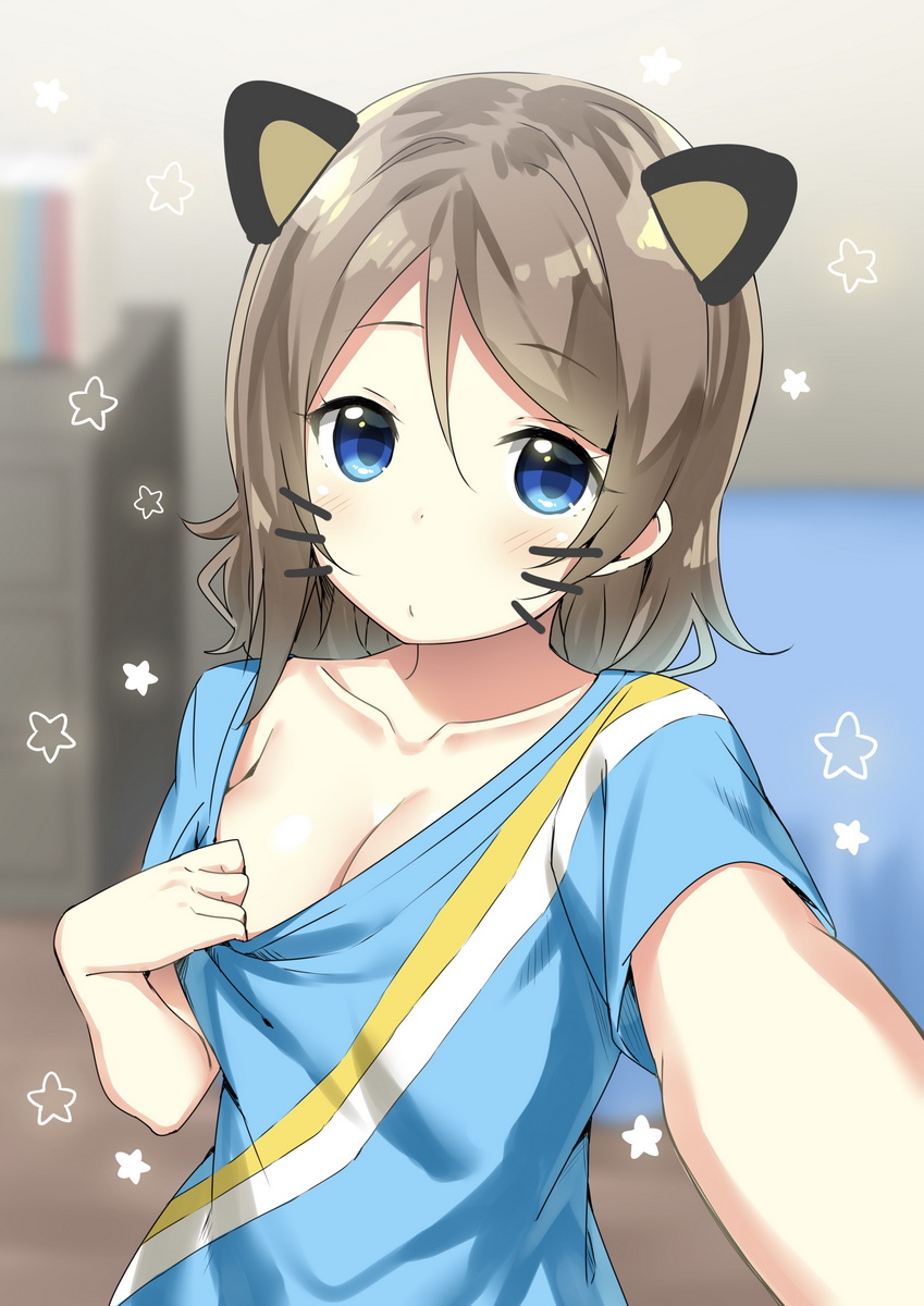1girl animal_ears bare_arms bed bedroom blue_eyes blue_shirt blurry blush book breasts brown_hair casual cat_ears chest_of_drawers cleavage collarbone depth_of_field eyelashes fake_animal_ears floor hair_between_eyes highres indoors looking_at_viewer love_live! love_live!_sunshine!! medium_breasts o3o outstretched_arm self_shot shirt shirt_pull short_hair short_sleeves sky_(freedom) solo star t-shirt upper_body wall watanabe_you whiskers