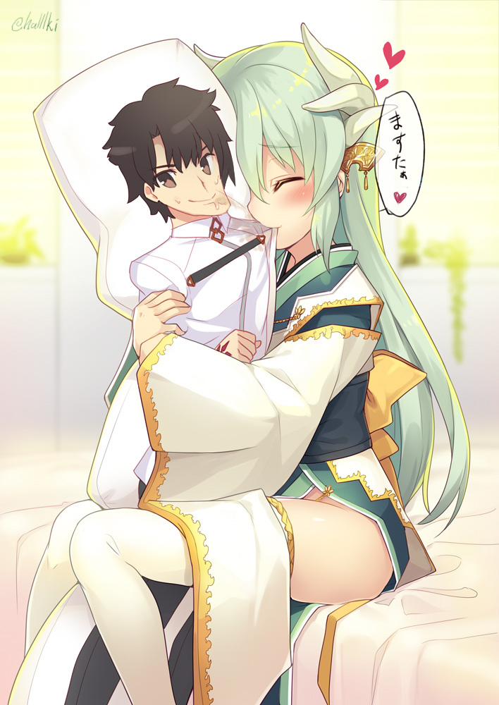 1girl aqua_hair artist_name bed_sheet blurry blush brown_eyes character_print command_spell dakimakura_(object) depth_of_field fate/grand_order fate_(series) female_pervert fujimaru_ritsuka_(male) hair_ornament heart horns indoors japanese_clothes kimono kiyohime_(fate/grand_order) long_hair long_sleeves minamura_haruki mouth_hold no_panties obi on_bed pelvic_curtain pervert pillow pillow_hug room sash sitting sitting_on_bed smile solo thigh-highs translated twitter_username white_legwear wide_sleeves