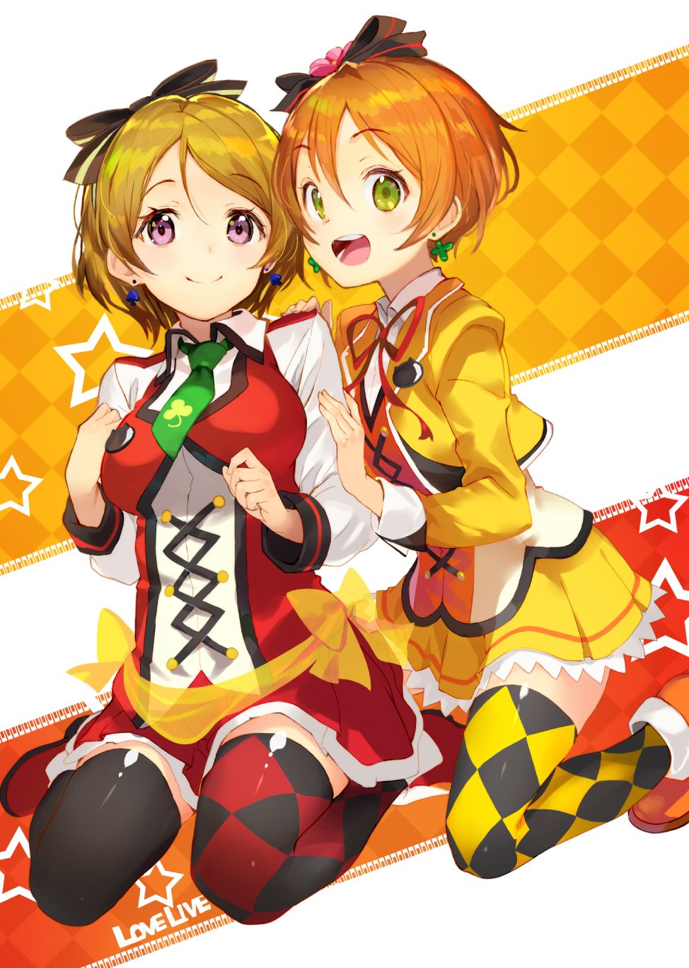 2girls :d blush bow brown_hair copyright_name cropped_jacket earrings green_eyes hair_bow hair_ribbon highres hoshizora_rin jewelry koizumi_hanayo lace-up_top long_sleeves looking_at_viewer love_live! love_live!_school_idol_project mismatched_legwear multiple_girls neck_ribbon necktie open_mouth orange_hair ribbon shirabi_(life-is-free) short_hair simple_background skirt smile sunny_day_song thigh-highs violet_eyes
