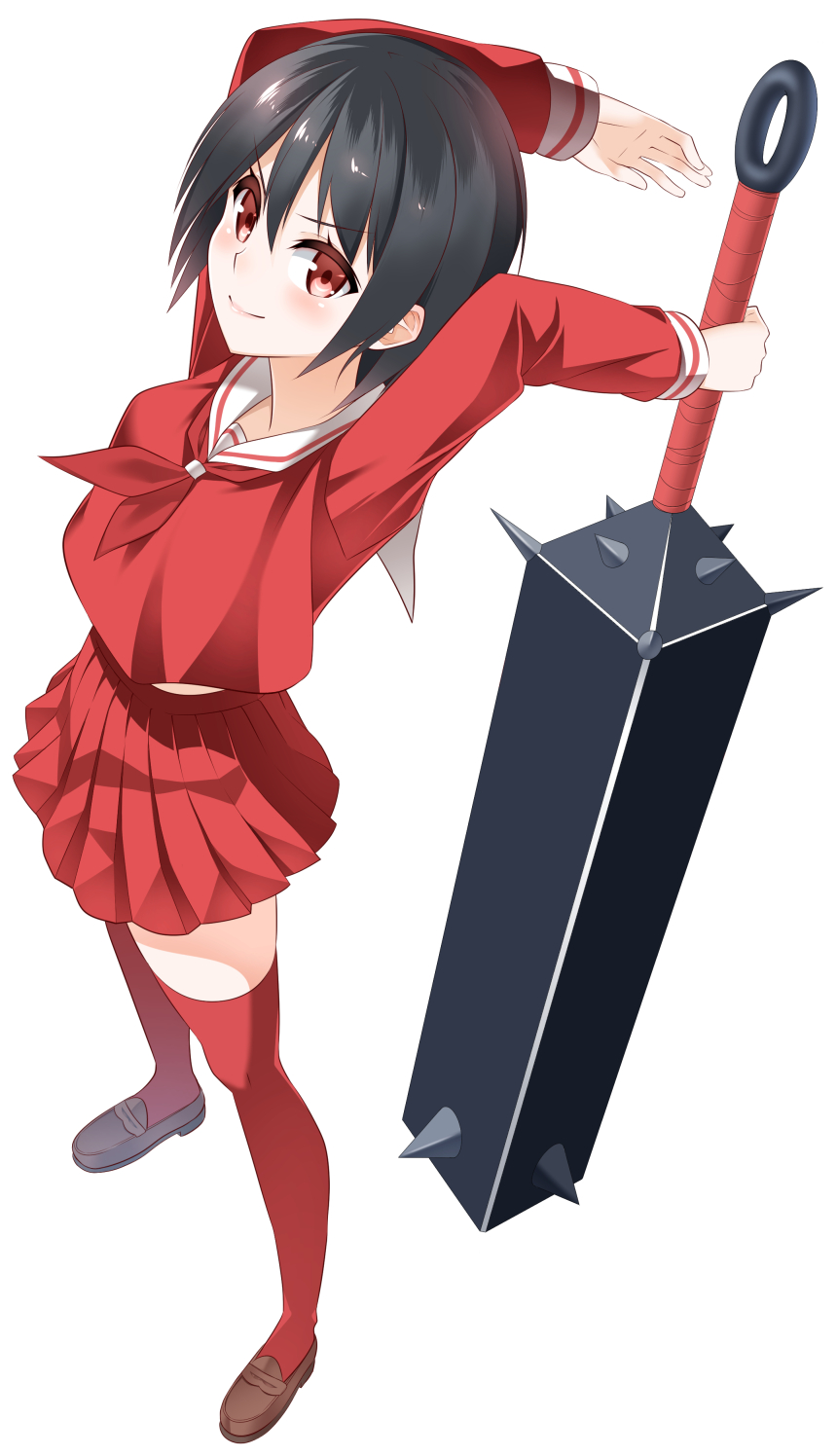 &gt;:) 1girl arms_behind_back black_hair club from_above full_body highres holding holding_weapon long_sleeves looking_at_viewer original pleated_skirt red_clothes red_eyes red_legwear red_shirt red_skirt school_uniform serafuku shirt short_hair skirt solo spiked_club standing thigh-highs weapon white_background yasuto_(eria151)