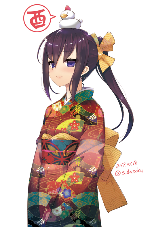 1girl 2017 bangs blush chick_on_head closed_mouth dasoku_sentarou dated eyebrows_visible_through_hair floral_print hair_between_eyes hair_ribbon japanese_clothes kimono long_hair looking_at_viewer obi original ponytail purple_hair red_kimono ribbon sash simple_background smile solo speech_bubble twitter_username upper_body violet_eyes white_background year_of_the_rooster yellow_ribbon