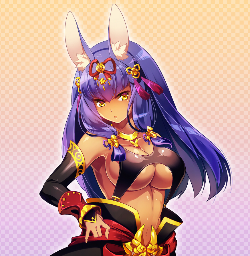 1girl :o animal_ears breasts checkered checkered_background cleavage dark_skin detached_sleeves gradient gradient_background hair_ornament jewelry kanikame large_breasts long_hair masurao_(sekaiju) navel necklace open_mouth purple_hair rabbit_ears sekaiju_no_meikyuu sekaiju_no_meikyuu_5 sidelocks solo upper_body yellow_eyes