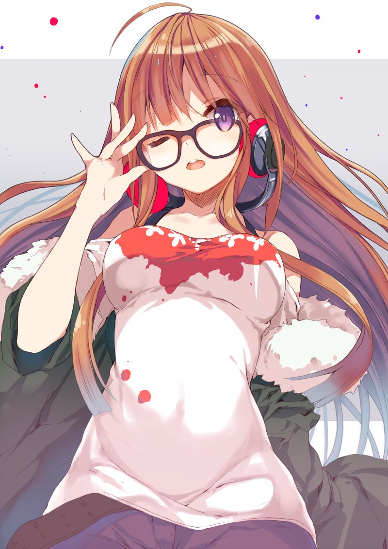 1girl adjusting_glasses ahoge bangs breasts commentary_request d; eyebrows eyebrows_visible_through_hair fur_trim glasses headphones jacket light_brown_hair long_hair looking_at_viewer medium_breasts off_shoulder one_eye_closed open_mouth orange_hair out_of_frame p19 persona persona_5 sakura_futaba shorts solo solo_focus teeth thigh-highs violet_eyes