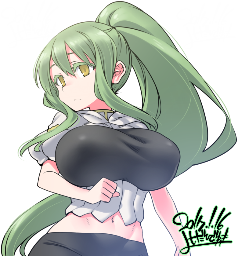 1girl 2017 :&lt; abs artist_name bike_shorts borrowed_character breasts closed_mouth dated green_hair hips large_breasts long_hair midriff navel original ponytail signature simple_background solo sumi-chan_(sachito) upper_body very_long_hair white_background yellow_eyes yoshida_hideyuki