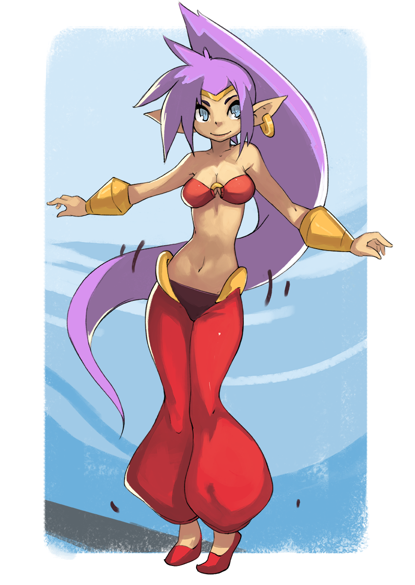 1girl arabian_clothes bracer breasts cleavage dancing dark_skin earrings full_body highres jewelry long_hair pointy_ears ponytail purple_hair shantae shantae_(character) shantae_(series) smile solo tiara very_long_hair vins-mousseux