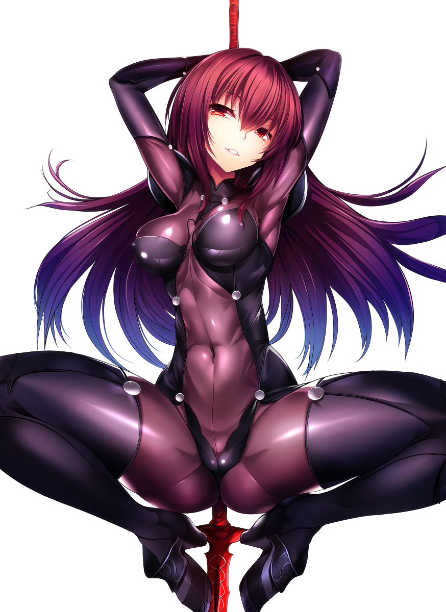 1girl armpits arms_behind_head arms_up ass black_bodysuit bodysuit breasts commentary_request covered_navel erect_nipples fate/grand_order fate_(series) female full_body gae_bolg high_heels highres large_breasts long_hair looking_to_the_side neck parted_lips polearm purple_bodysuit purple_hair red_eyes scathach_(fate/grand_order) silly_(marinkomoe) simple_background skin_tight smile solo spear spread_legs v-neck weapon white_background