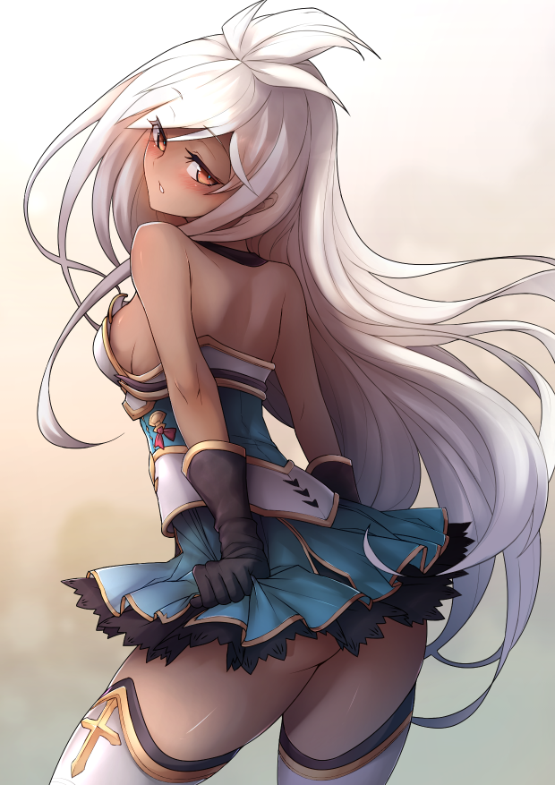 1girl ahoge ass bare_shoulders black_gloves blush breasts dark_skin gloves granblue_fantasy long_hair looking_at_viewer looking_back nishino_(waero) open_mouth red_eyes sideboob solo the_order_grande thigh-highs white_hair