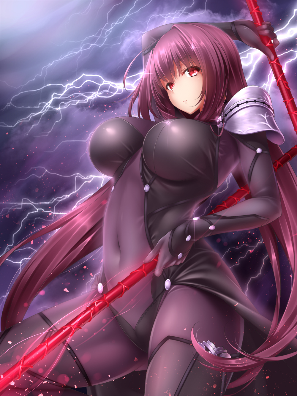 1girl blush bodysuit breasts commentary_request covered_navel dual_wielding fate/grand_order fate_(series) gae_bolg highres holding holding_weapon large_breasts lightning long_hair looking_at_viewer midoriiro_no_shinzou pauldrons polearm purple_bodysuit purple_hair red_eyes scathach_(fate/grand_order) solo sparkle spear weapon