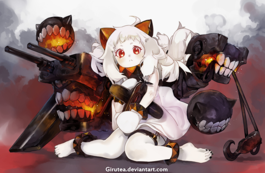1girl :&lt; aircraft airplane anklet barefoot black_nails bracelet collar enemy_aircraft_(kantai_collection) full_body girutea hook horns jewelry kantai_collection legband long_hair mittens nail_polish northern_ocean_hime red_eyes shinkaisei-kan sitting solo spiked_bracelet spiked_collar spikes wariza watermark web_address white_hair white_skin