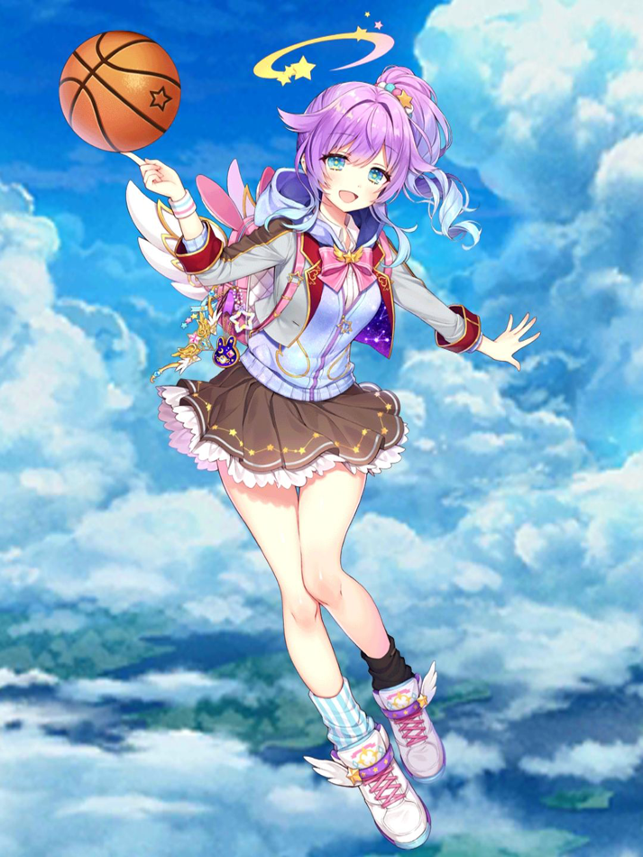 1girl :d bare_legs basketball black_legwear blazer blue_eyes breasts brown_skirt byulzzimon clouds full_body hair_flaps halo hood hood_down hoodie jacket long_hair long_sleeves looking_at_viewer luka_(shironeko_project) medium_breasts mini_wings miniskirt mismatched_legwear open_mouth outstretched_arm pleated_skirt ponytail purple_hair shironeko_project shoes skirt sky smile sneakers socks solo star striped striped_legwear sweatband undershirt white_footwear wing_collar