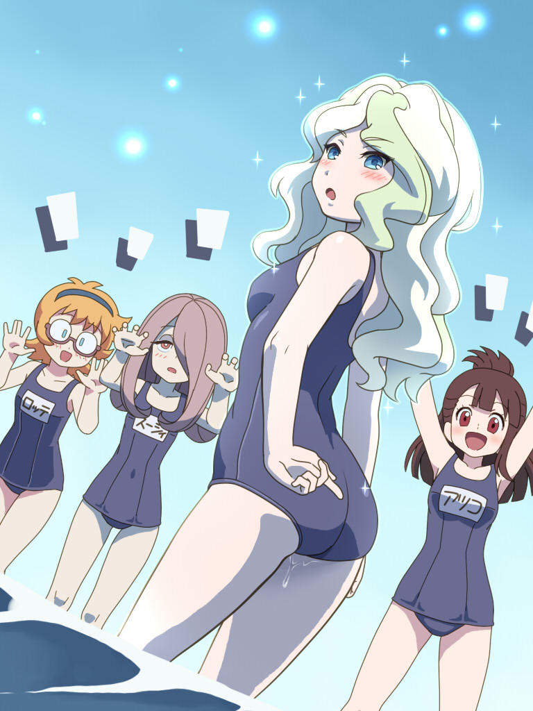4girls :d akko_kagari ass awa blue_eyes blush brown_hair commentary_request diana_cavendish glasses hair_over_one_eye hairband half_updo little_witch_academia long_hair lotte_yanson multiple_girls name_tag old_school_swimsuit open_mouth orange_hair purple_hair red_eyes school_swimsuit semi-rimless_glasses short_hair smile sparkle sucy_manbabalan swimsuit under-rim_glasses wet
