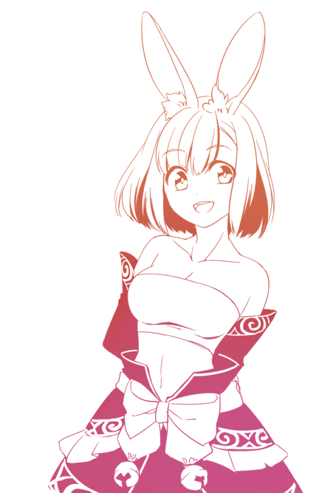 1girl animal_ears arms_behind_back bare_shoulders breasts cleavage collarbone cowboy_shot detached_sleeves kanikame masurao_(sekaiju) medium_breasts midriff monochrome navel open_mouth rabbit_ears ribbon sekaiju_no_meikyuu sekaiju_no_meikyuu_5 smile solo strapless tubetop