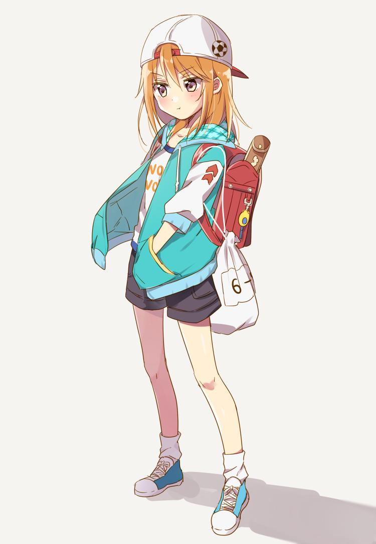 1girl :t backpack backwards_hat bag baseball_cap blush full_body grey_eyes hands_in_pockets hat hood hoodie idolmaster idolmaster_cinderella_girls long_hair orange_hair pout randoseru recorder_case riku_(melty_drop) shadow shirt shoes shorts simple_background sneakers solo t-shirt yuuki_haru