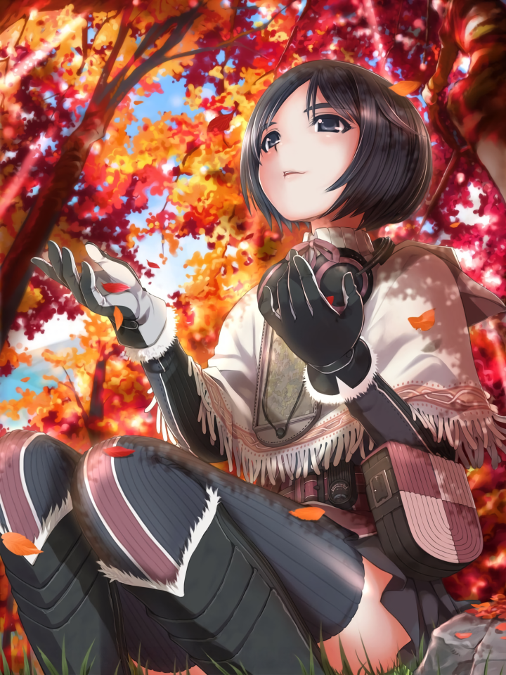 1girl artist_request black_eyes black_gloves black_hair black_skirt blue_eyes forest from_below gloves isara_gunther nature outdoors pleated_skirt senjou_no_valkyria senjou_no_valkyria_1 short_hair sitting skirt solo thigh-highs watermark