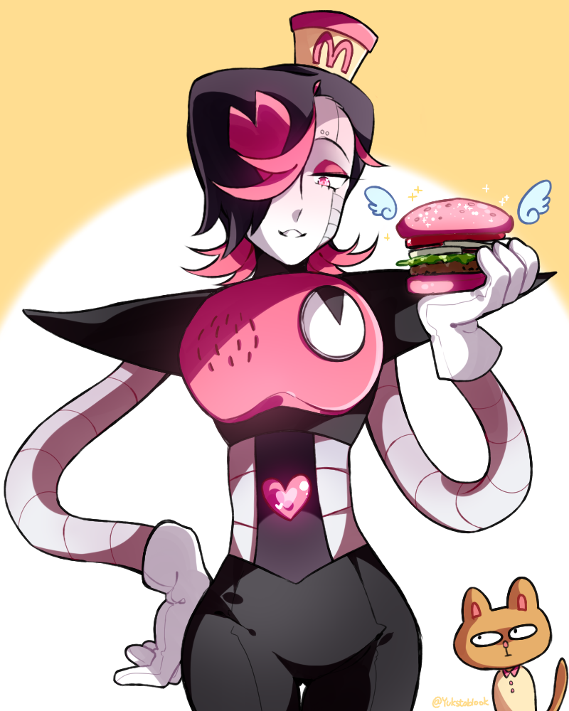 2boys black_hair burgerpants cat eyeshadow flipped_hair food gloves hair_over_one_eye hamburger hand_on_hip hat heart holding holding_food lettuce looking_at_another looking_at_viewer makeup mettaton_ex mini_hat multicolored_hair multiple_boys onion pink_eyes pink_hair short_hair sparkle tomato twitter_username two-tone_hair undertale white_background white_gloves white_wings wings yukiblue