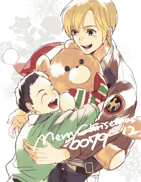 2boys alfred_izuruha bernard_wiseman black_hair blonde_hair bomber_jacket child ebira gundam gundam_0080 hat jacket male_focus multiple_boys santa_hat stuffed_animal stuffed_toy teddy_bear