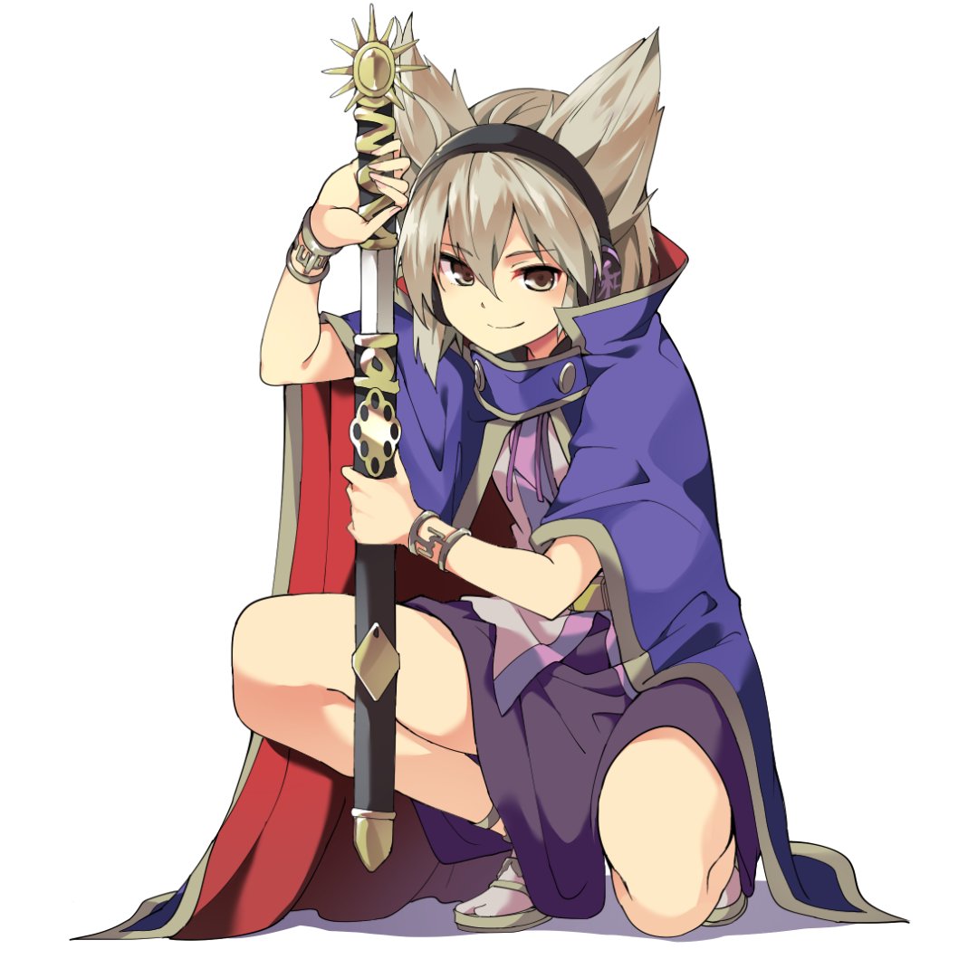 1girl blonde_hair bracer cape drawing_sword earmuffs hasebe_yuusaku holding holding_sword holding_weapon looking_at_viewer pointy_hair sandals sheath simple_background skirt smirk solo squatting sword tabi touhou toyosatomimi_no_miko weapon white_background yellow_eyes