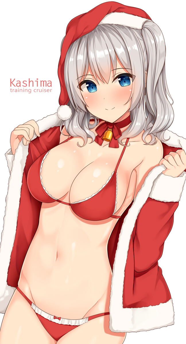 1girl bikini blue_eyes blush breasts character_name cleavage commentary_request hat highres kantai_collection kashima_(kantai_collection) large_breasts long_hair looking_at_viewer navel red_bikini santa_costume santa_hat shuuichi silver_hair smile solo swimsuit swimsuit_under_clothes tsurime twintails undressing wavy_hair