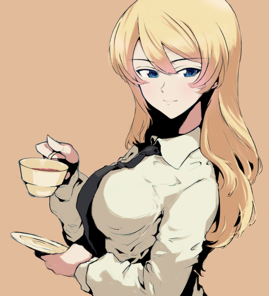 1girl alternate_hairstyle bangs black_necktie blonde_hair blue_eyes breasts brown_background closed_mouth cup darjeeling dress_shirt from_side girls_und_panzer hair_down holding large_breasts light_smile long_hair long_sleeves looking_at_viewer m2b necktie saucer school_uniform shirt simple_background solo teacup white_shirt