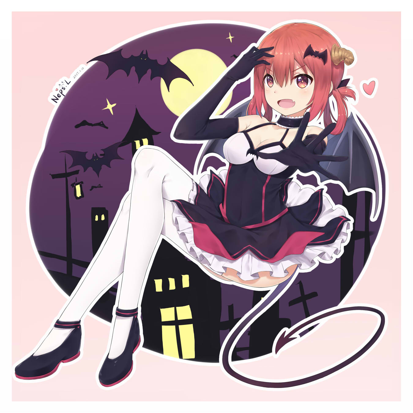1girl 2017 alternate_costume artist_name bare_shoulders bat bat_hair_ornament black_gloves castle choker dated dress elbow_gloves fang frills full_body full_moon gabriel_dropout gloves hair_ornament hair_rings halloween highres invisible_chair kurumizawa_satanichia_mcdowell legs_crossed looking_at_viewer moon neps-l open_mouth outstretched_arm petticoat red_eyes redhead sitting solo thigh-highs white_legwear