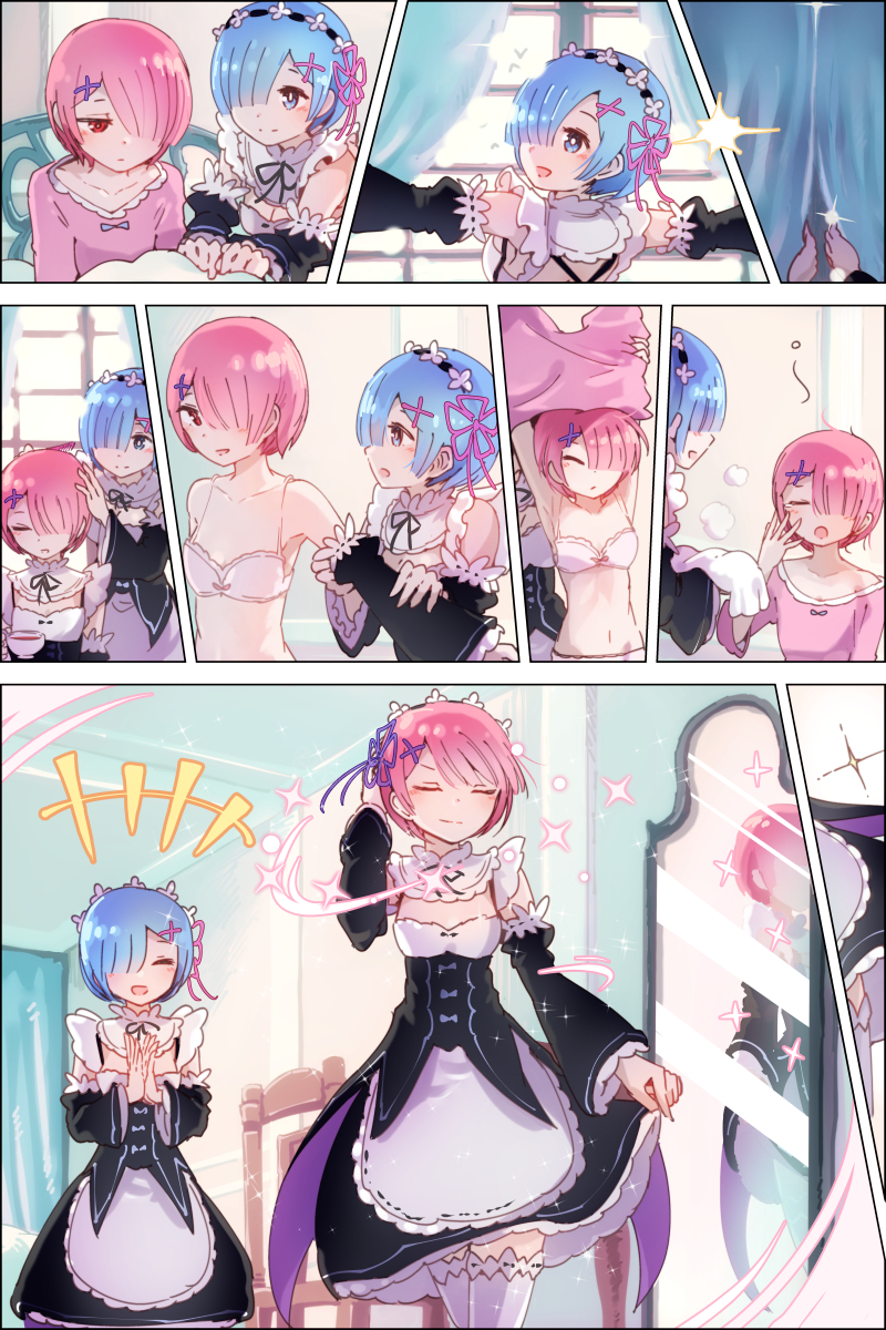 2girls ^_^ bed bed_sheet blue_hair blush bow bra breasts clapping cleavage cleavage_cutout closed_eyes combing comic commentary_request cup curtains dress fabulous flat_chest hair_bow hair_over_one_eye hair_ribbon half-closed_eyes hand_in_hair happy highres inaeda_kei indoors maid maid_headdress mirror multiple_girls navel no_text off_shoulder open_mouth pajamas panels pink_hair pink_ribbon pink_shirt ram_(re:zero) re:zero_kara_hajimeru_isekai_seikatsu reflection rem_(re:zero) ribbon shirt short_hair siblings silent_comic sisters skirt skirt_lift small_breasts smile smirk sparkle stomach tea teacup thigh-highs towel twins underwear undressing waking_up window yawning