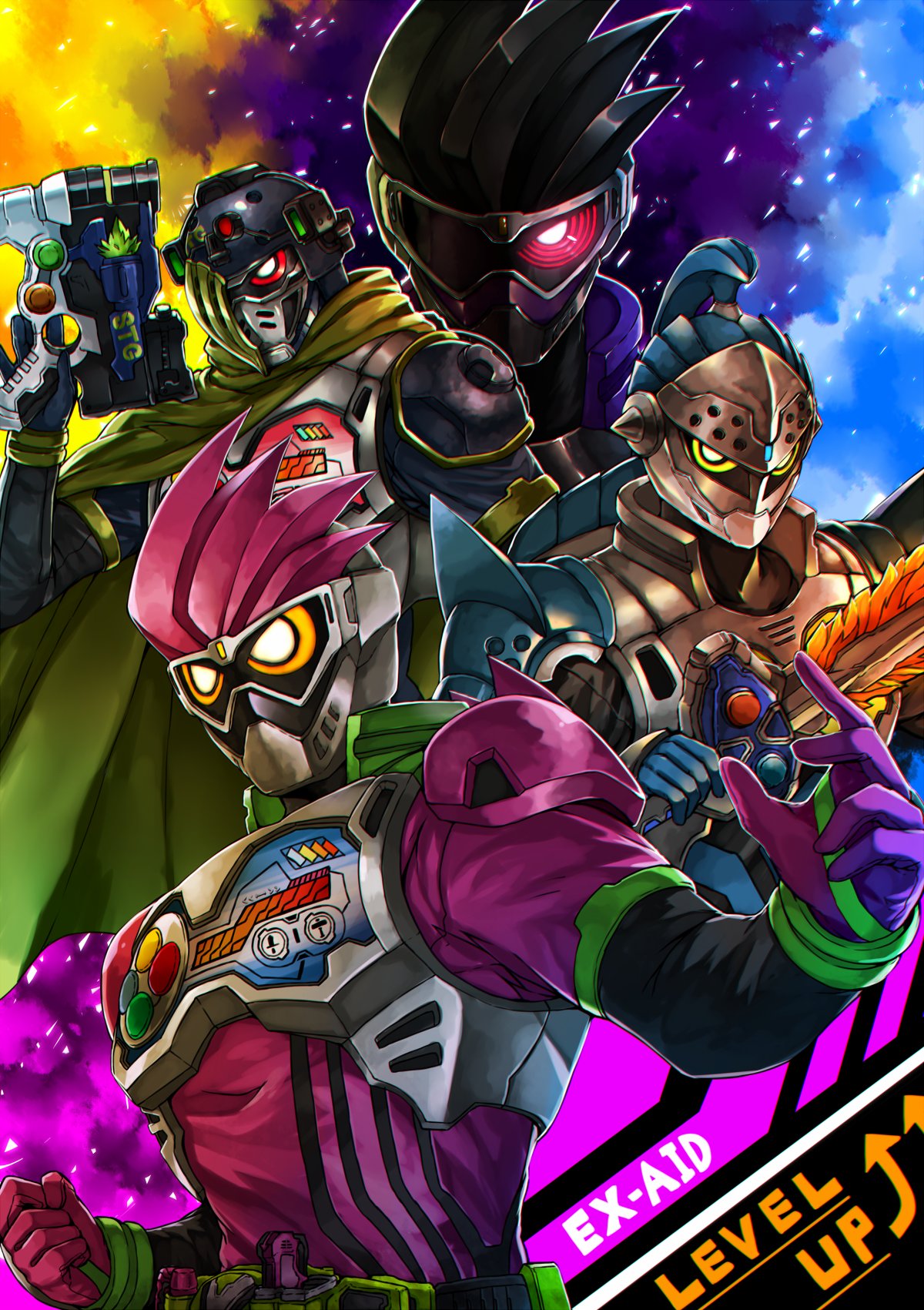 4boys action_gamer_level_2 bang_bang_shooting_level_2 gashacon_magnum gashacon_sword highres kamen_rider kamen_rider_brave kamen_rider_ex-aid kamen_rider_ex-aid_(series) kamen_rider_genm kamen_rider_snipe mighty_action_x_level_2 multiple_boys quest_gamer_level_2 shooter_gamer_level_2 sword taddle_quest_level_2 weapon yusuki_(fukumen)