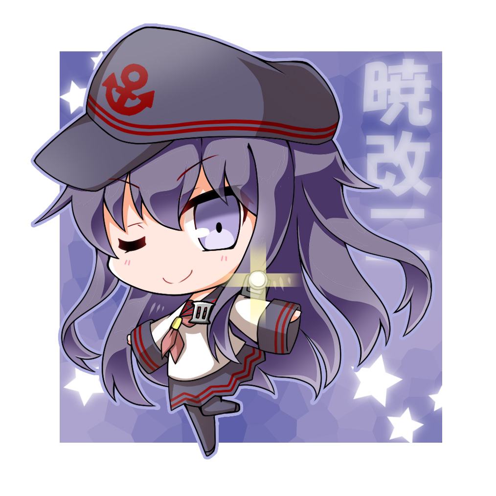 1girl ;) akatsuki_(kantai_collection) anchor_symbol badge bangs black_hat black_legwear black_shoes black_skirt blouse blush character_name chibi closed_mouth commentary eyebrows_visible_through_hair flat_cap full_body hair_between_eyes hat kantai_collection light long_hair long_sleeves looking_at_viewer neckerchief noai_nioshi one_eye_closed outline outstretched_arms pantyhose purple_hair remodel_(kantai_collection) sailor_collar school_uniform searchlight serafuku shoes skirt smile solo standing standing_on_one_leg star violet_eyes white_blouse