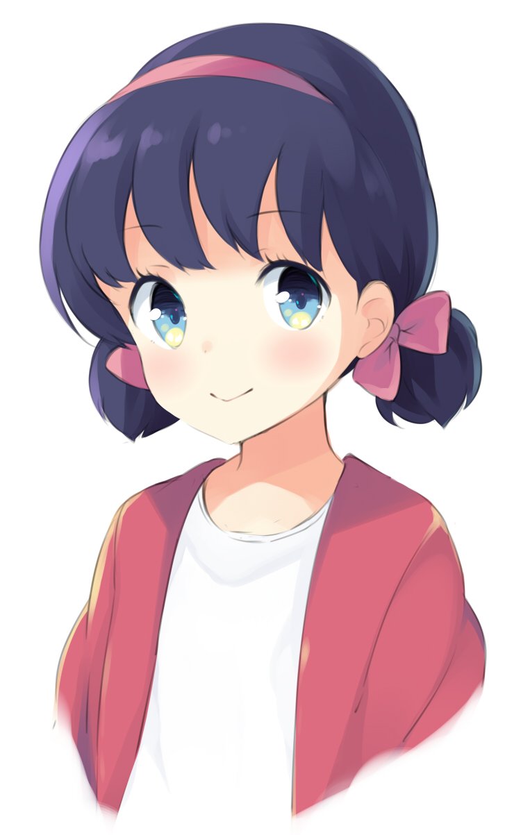 1girl :&gt; bangs blouse blue_eyes blush cardigan closed_mouth eyebrows_visible_through_hair hair_ribbon hairband highres himitsu_no_akko-chan kagami_atsuko kotonoha_zaja looking_at_viewer pink_ribbon purple_hair ribbon short_hair simple_background smile solo twintails upper_body white_background white_blouse