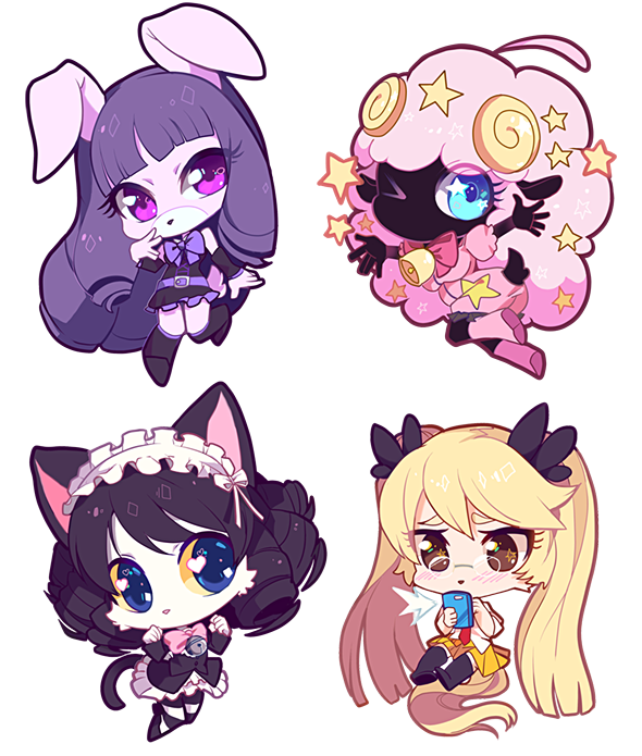 4girls animal_ears blonde_hair blue_eyes cat_ears chuchu_(show_by_rock!!) cyan_(show_by_rock!!) dog_tail drill_hair glasses gothic_lolita horns lolita_fashion long_hair moa_(show_by_rock!!) multiple_girls pink_hair purple_hair rabbit_ears retoree sheep_ears sheep_horns show_by_rock!! tail theuselesstoe twintails very_long_hair violet_eyes