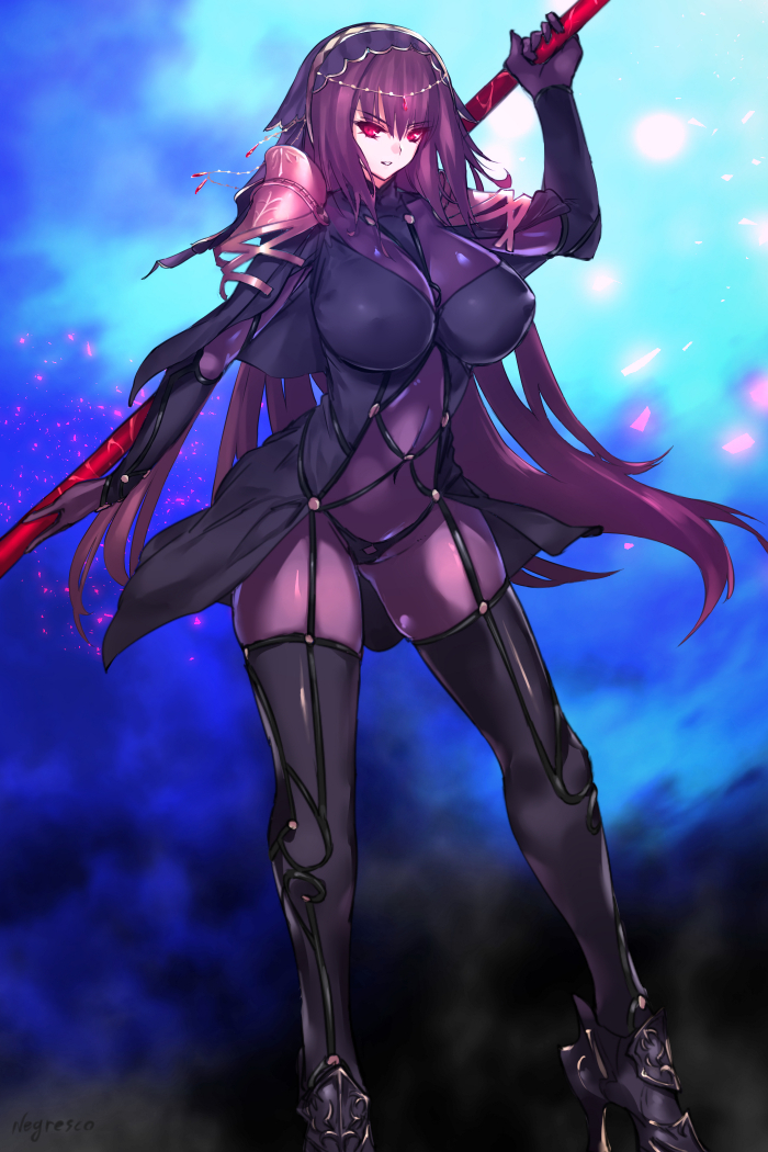&gt;:) 1girl bangs bodysuit breasts covered_navel erect_nipples fate/grand_order fate_(series) gae_bolg high_heels holding holding_weapon large_breasts long_hair looking_at_viewer negresco parted_lips pauldrons polearm purple_hair red_eyes scathach_(fate/grand_order) solo spear standing veil very_long_hair weapon