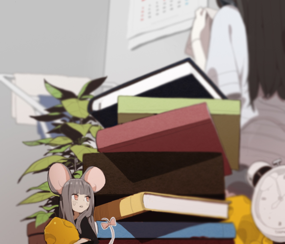 2girls animal_ears black_dress blurry book brown_hair calendar cheese clock do_re_mi dress flower_pot food hime_cut long_hair mouse mouse_ears mouse_tail multiple_girls original pale_skin personification pink_eyes plant ribbon scared solo_focus sweat tail