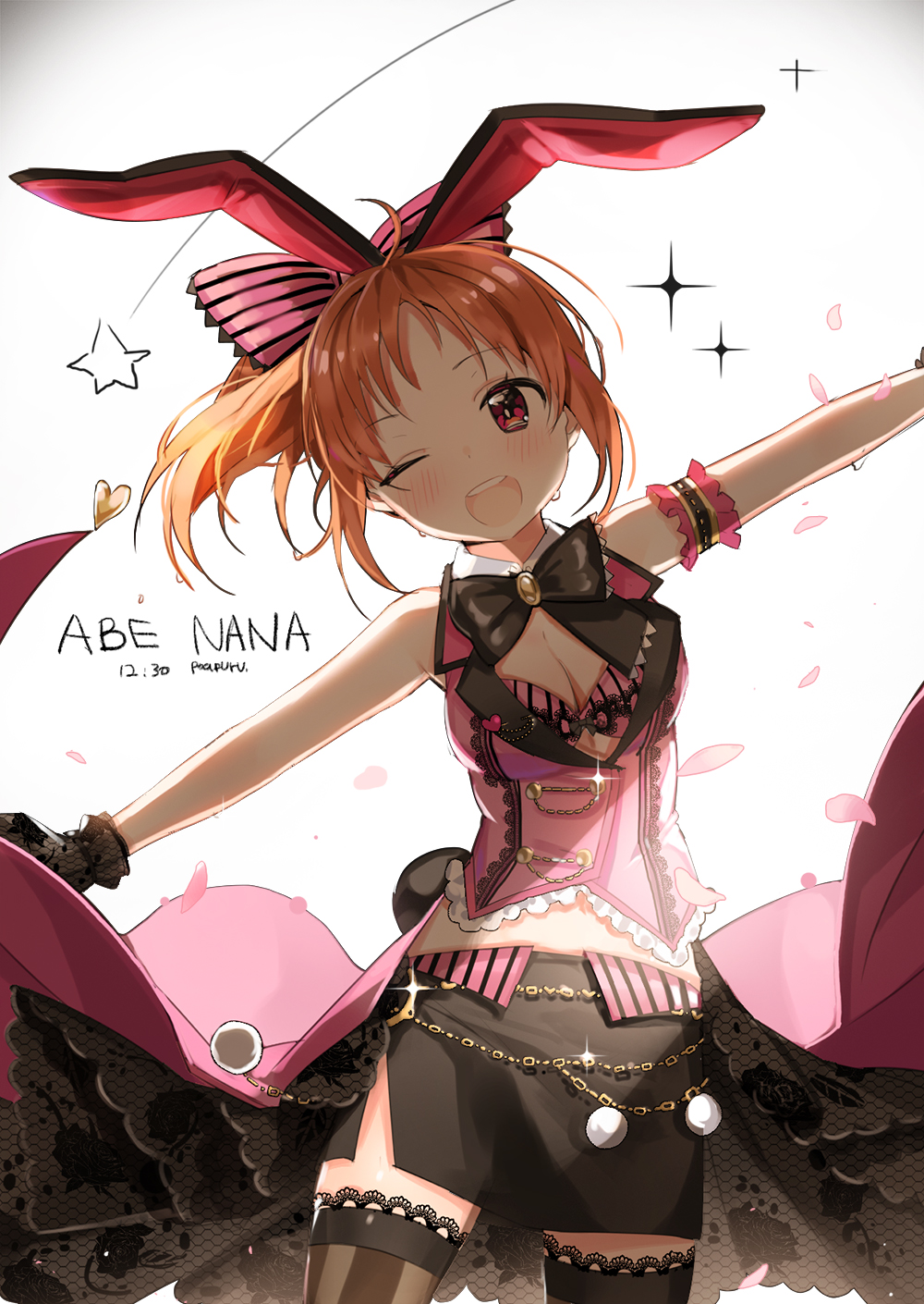 1girl ;d abe_nana ahoge animal_ears artist_name bangs black_skirt blush breasts brown_legwear character_name cleavage commentary_request corset cowboy_shot dated dr_poapo dress fake_animal_ears heart highres idol idolmaster idolmaster_cinderella_girls lace-trimmed_legwear large_breasts looking_to_the_side one_eye_closed open_mouth orange_hair outstretched_arms petals pink_dress ponytail rabbit_ears red_eyes shade side_slit signature skirt smile solo sparkle star striped striped_legwear teeth thigh-highs vertical-striped_legwear vertical_stripes