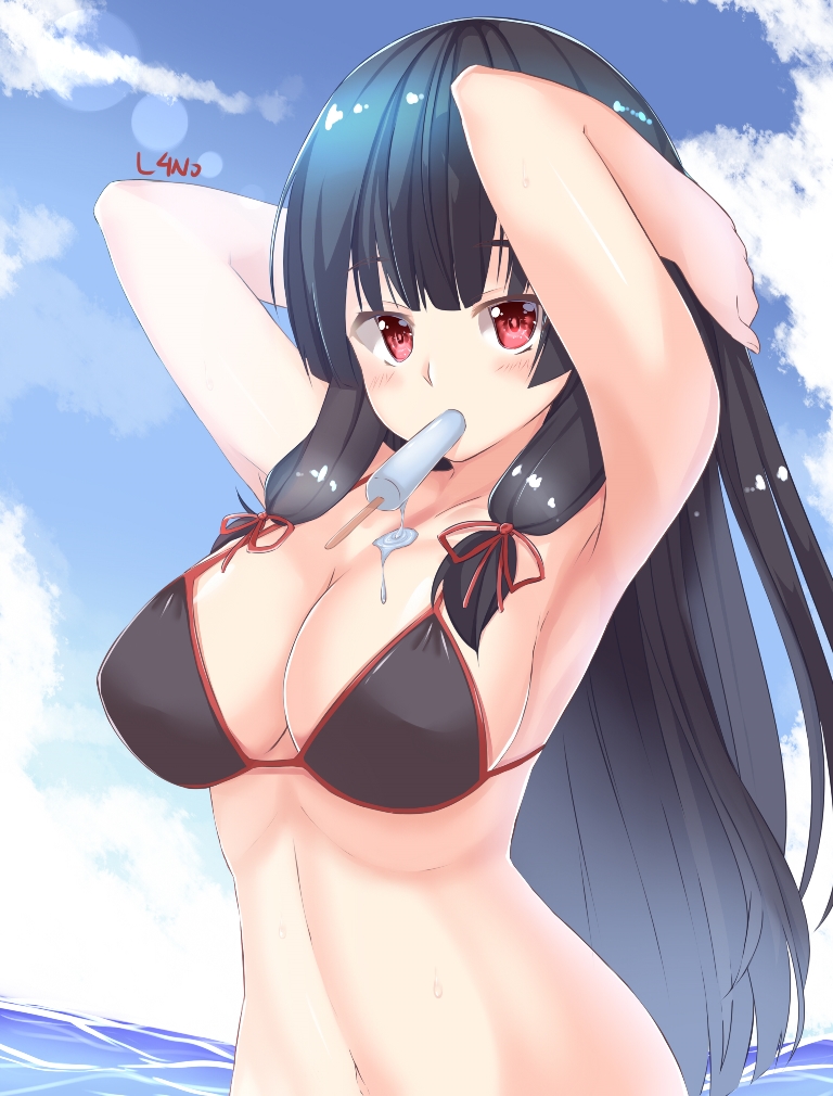 1girl armpits arms_behind_head arms_up bikini bikini_top black_bikini black_hair blush breasts clouds cloudy_sky day dripping food hair_ribbon isokaze_(kantai_collection) kantai_collection l4no lens_flare long_hair looking_at_viewer melting navel ocean popsicle red_eyes ribbon sky solo swimsuit tress_ribbon