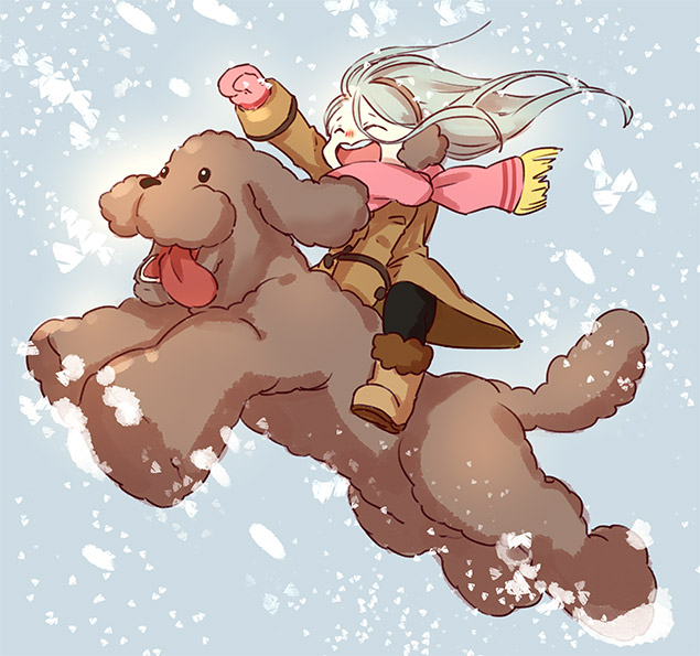 1boy ^_^ boots closed_eyes coat dog earmuffs makkachin male_focus mittens open_mouth riding scarf silver_hair smile snowing tongue tongue_out viktor_nikiforov whitemop_jog younger yuri!!!_on_ice