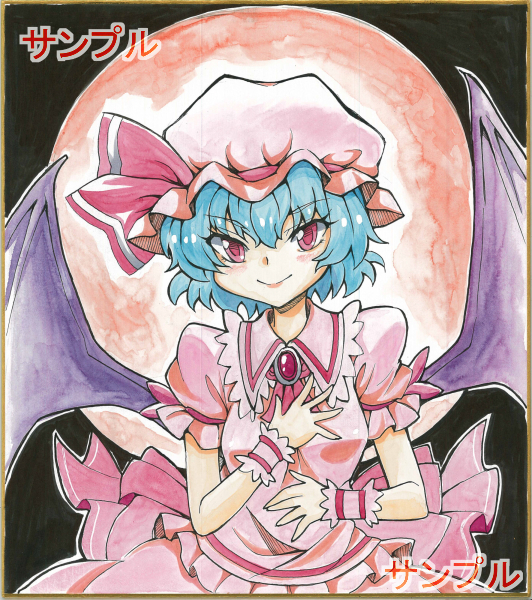 1girl ascot bat_wings blue_hair blush brooch dress hat jewelry marker_(medium) mob_cap moon puffy_short_sleeves puffy_sleeves red_eyes red_moon remilia_scarlet shikishi short_sleeves smile solo touhou traditional_media wings wrist_cuffs yagami_(mukage)