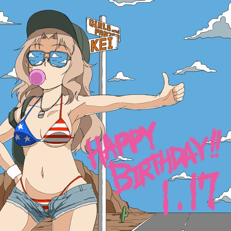 1girl american_flag_bikini aviator_sunglasses bikini blonde_hair blue_sky breasts bubble_blowing cactus character_name chewing_gum cleavage clouds copyright_name day denim denim_shorts desert dog_tags flag_print girls_und_panzer hand_on_hip happy_birthday hitchhiking kay_(girls_und_panzer) long_hair medium_breasts nana_(manaita_koumuten) navel road_sign short_shorts shorts sign sky solo sunglasses swimsuit thighs unbuttoned unzipped