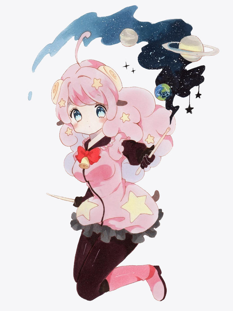 1girl artist_request bell blue_eyes boots bow bowtie cow_bell drumsticks full_body hair_ornament looking_at_viewer moa_(show_by_rock!!) pink_boots pink_hair planet show_by_rock!! solo star star_(sky) star_hair_ornament traditional_media white_background