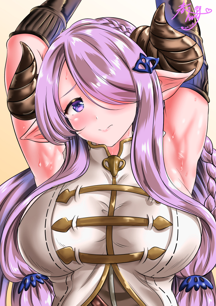 1girl armpits arms_up blush braid breasts closed_mouth doraf elbow_gloves gloves granblue_fantasy hair_ornament hair_over_one_eye horns kasugano_tobari large_breasts lavender_hair long_hair looking_at_viewer low_twintails narumeia_(granblue_fantasy) pointy_ears signature solo sweat twintails upper_body violet_eyes